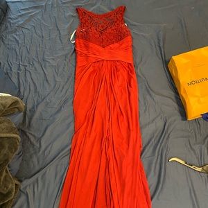 Red David’s Bridal Brides maid dress.